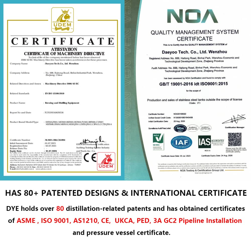 The Distillery Turnkey Project Includes 1000L Copper Still with Two Distilling Columns, As Well As A Fermenter, Mashing Tank, And Storage Tank